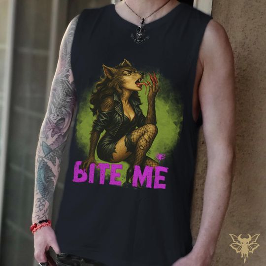 Bite Me Werewolf Tank Unisex Muscle, Gothic Sleeveless, Halloween Punk, Spooky Date Night Gift, Vintage Horror Style Tee