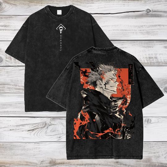 Jujutsu Satoru Anime Acid Washed Oversize T-Shirt Yuji Itadori Anime Tee Gift For Him