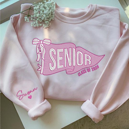 Embroidered Personalized Senior Pennant Sweatshirt, Senior Cheer Coquette Shirt, Spirit School Team Shirt Custom Colors, Class of 2026