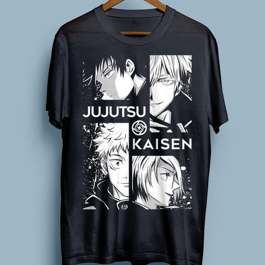 Jujutsu Satoru Character Design T-Shirt - Yuji, Gojo PNG for Black T-Shirt