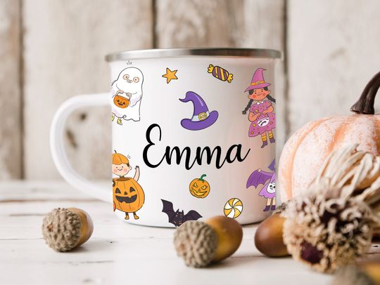 Personalised Halloween Enamel Mug, Happy Halloween Party Gift