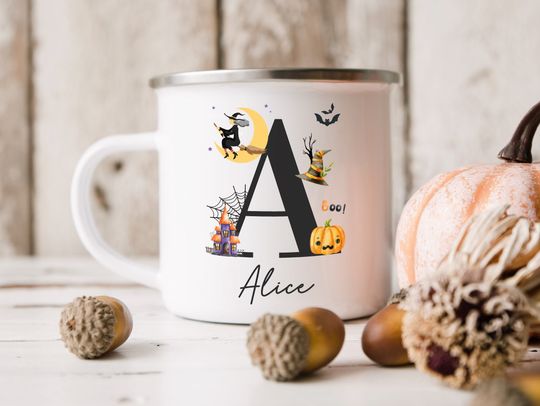 Personalised Halloween Enamel Mug, Happy Halloween Party Gift
