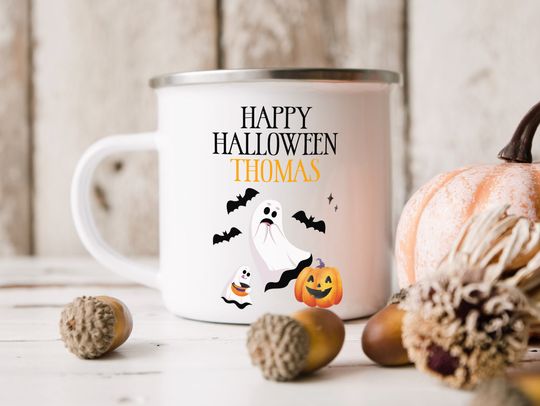 Personalised Halloween Ghost Enamel Mug, Happy Halloween Party Gift