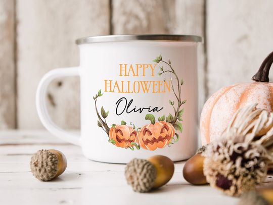 Personalised Halloween Pumpkin Enamel Mug, Happy Halloween Party Gift