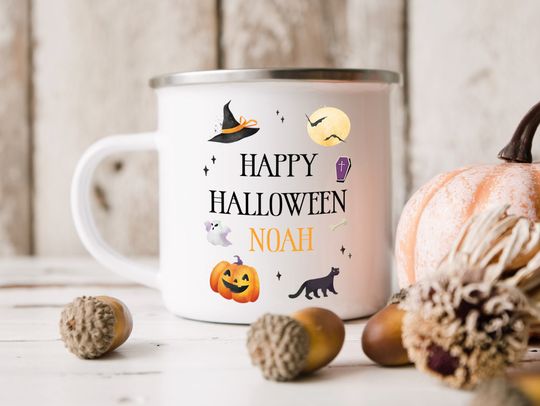 Personalised Halloween Pumpkin Enamel Mug, Happy Halloween Party Gift