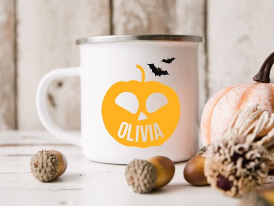 Personalised Halloween Pumpkin Enamel Mug, Happy Halloween Party Gift