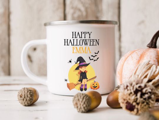 Personalised Halloween Witch Enamel Mug, Kids Halloween Mug, Party Favour