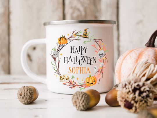 Personalised Halloween Enamel Mug | Halloween Wreath | Custom Halloween Gift, Happy Halloween Name | Kids Halloween Enamel Mug, Party Favour