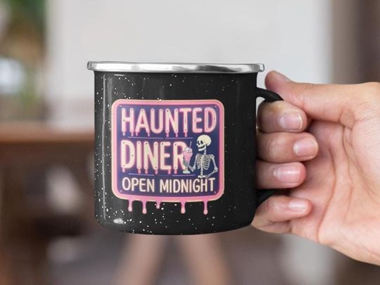 Halloween Enamel Mug, Haunted Dinner Skeleton Coffee Mug, Enamel Camping Cup Gift for Halloween Lovers