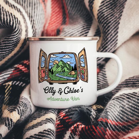Personalised Campervan Enamel Mug, Camper Tin Mug, Van Gift