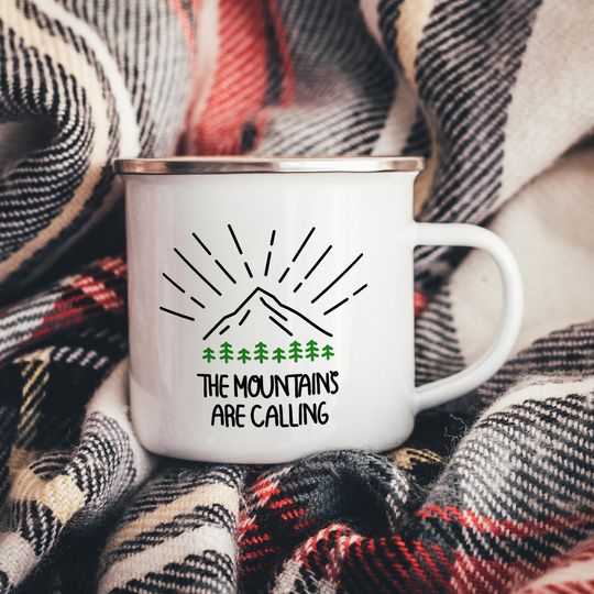 The Mountains Are Calling And I Must Go Line Art Enamel Camper Mug, Adventure Mug