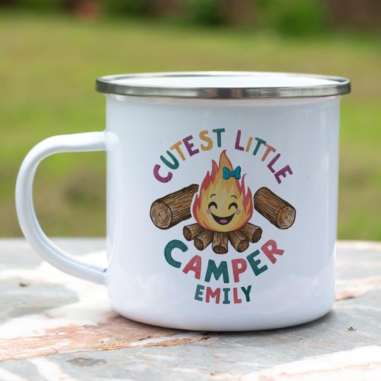 Personalised Kids Enamel Mug, Cute Little Camper, Childrens Mug, Camping Adventure Gift for Kids