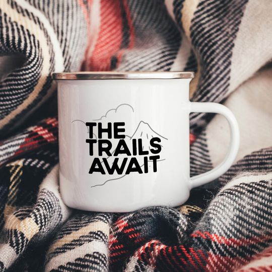 The Trails Await Enamel Camper Mug, Mountain Bike Enamel Mug