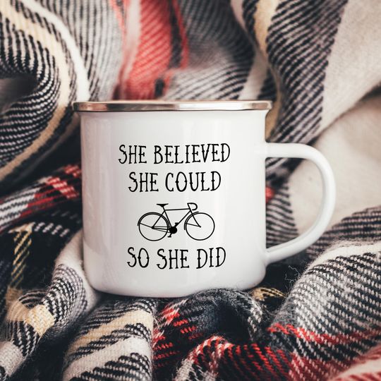 She Believed She Could So She Did Cycling Enamel Mug, Cycling Mug, Bike Gift, Camper Mug