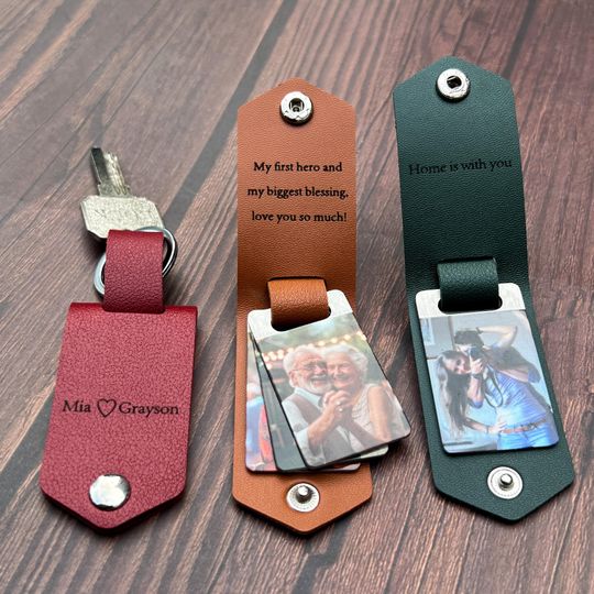 Personalized Mens Leather Keychain with Photo,Metal Tag Photo Keychain, Gifts for Him