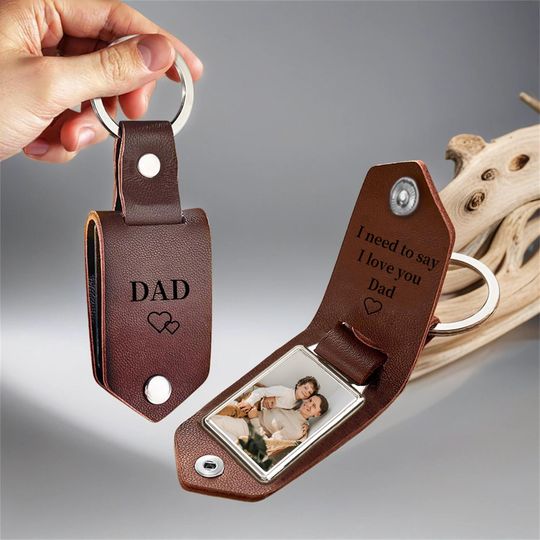Personalized Mens Leather Keychain with Photo,Metal Tag Photo Keychain