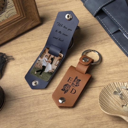 Custom Leather Keychain with Photo, Wedding Anniversary Gift, Personalized Key Chain