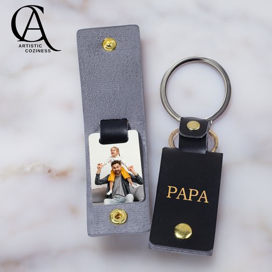 Personalized photo leather keychain, Custom dad photo keyring, Engraved leather keyring
