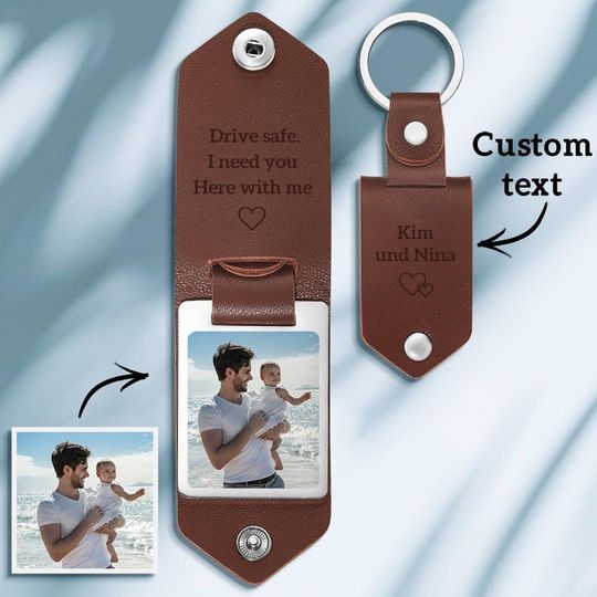 Personalized Leather Photo Keychain for Men, Custom Engraved Metal Tag Keychain
