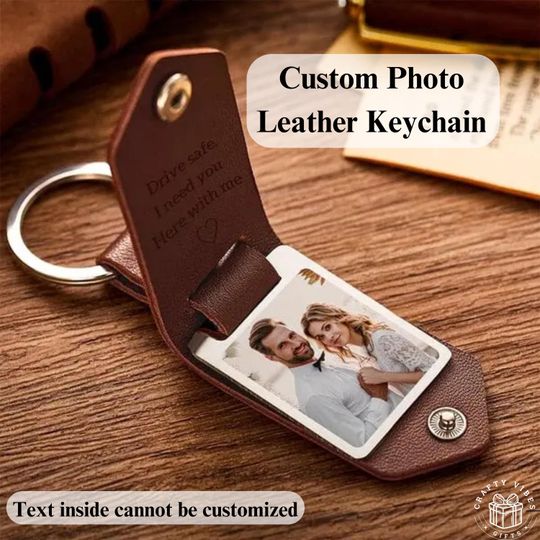 Custom Leather Photo Keychain Personalized Date Keyring Engraved Message Gift