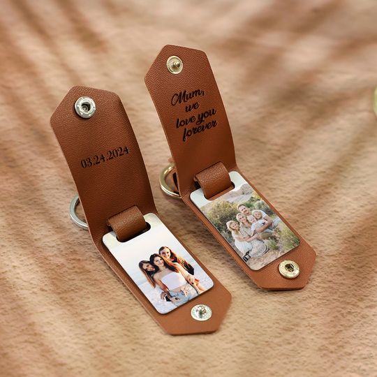 Personalized Leather Photo Keychain,Custom Faux Leather Keyring, Fathers Day Gift