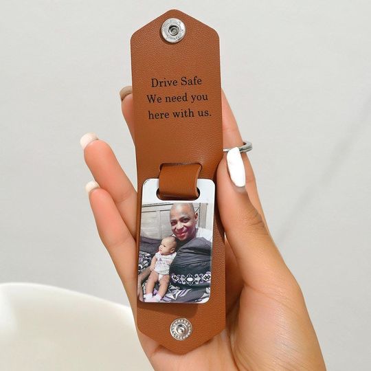 Personalized Mens Leather Keychain with Photo, Metal Tag Photo Keychain, Custom Gifts