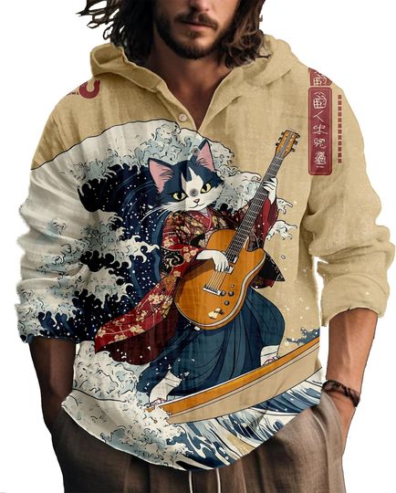 Men's Hooded Long Sleeve Shirt Graphic Button Up Henley Neck Lightweight Hoodie Shirts Casual Pullover