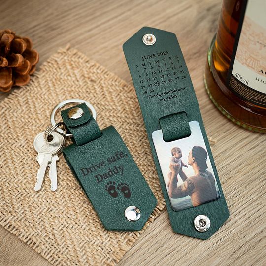 Personalized Photo Keychain, Leather Photo Keychain for Dad, Metal Tag Photo Keyring