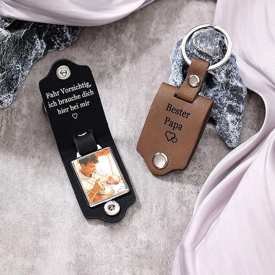 Personalized Photo & Text Leather Keychain,Father's Day Keepsake,Gift for New Dad Mom