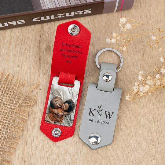 Personalized Photos and Text Keychain, Custom Leather Keyring for Him, Anniversary Gift