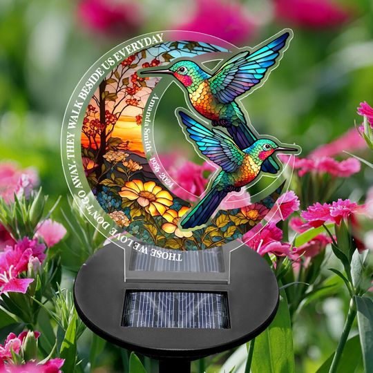 Personalized Hummingbirds Memorial Solar Garden Light, Garden Decoration, Stained Glass Memorial Solar Garden Light, Sympathy Gift