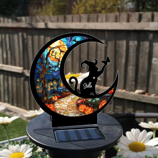 Custom Halloween Pet Memorial Solar Light, Pet Loss Sympathy Gift, Personalized Black Cat Solar Power Garden, Pet Remembrance Gift