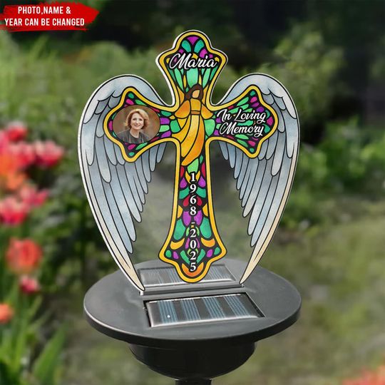 Jesus Cross Angel Wings- Personalized Solar Cross Garden Stakes Lights, Grave Marker, Sympathy Gifts, Remembrance Gift, Cross Angel Wings