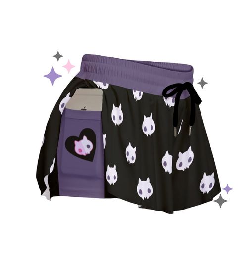 Cat Skull Flowy Shorts | Pastel Goth Clothing | Spooky Cute Gift For Her