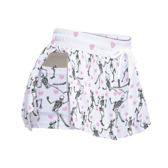 Retro Skeleton Shorts | Flowy Cute Halloween Heart Bottoms | Ladies Dance Run Shorts | High Waist & Flattering Gift For Her