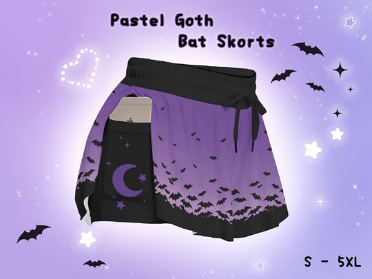Pastel Goth Bats Skorts Creepy Cute Yami Kawaii Flowy Shorts Purple Spooky Halloween Shorts with Pockes Alt Witchy Gothic Alternative Shorts