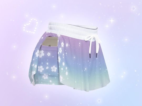 Fairy Kei Pastel Rainbow Sakura Skorts, Yume Kawaii Cherry Blossom Flower Shorts w/ Pockets, Japan Aesthetic Celestial Shorties, Cute Floral