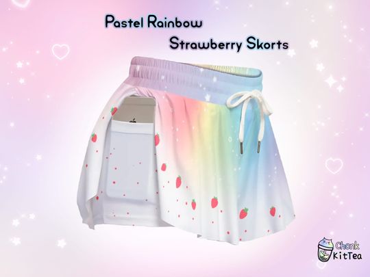 Fairy Kei Strawberry Skorts Pastel Rainbow Yume Kawaii Celestial Cute Flowy Shorts with Pockets Starry Jfashion Japanese Decora Aesthetic