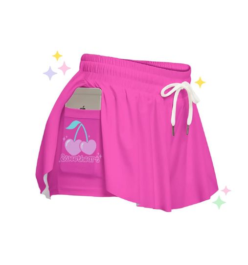 Sweetheart Flowy Shorts | Hot Pink Cherry Candycore Alt clothing, Y2K Preppy Kawaii Skort