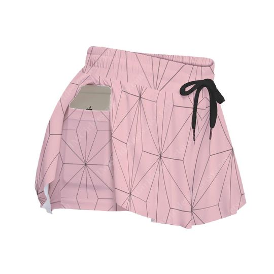 Skorts Pink Brown Asanoha Pattern, Elasticated Waist, Pockets, Anime Style, Cute Kawaii Aesthetic, Fitted Shorts Loose Overlay, Comfy Fit