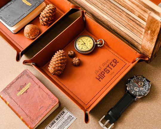 Personalized leather trays, custom engraved leather storage trays, groomsmen gift trays