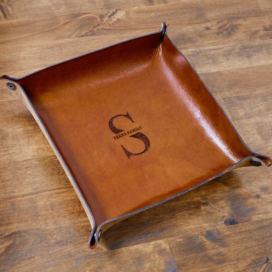 Monogrammed Catch All Tray Brown | Handmade Real Leather Personalized Valet Tray