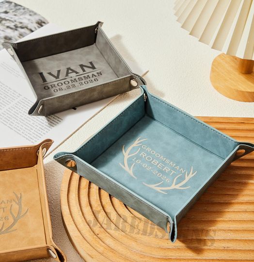 Leather Tray for Men, Personalized Fathers Day Gift, Engraved Vegan Leather Valet Tray