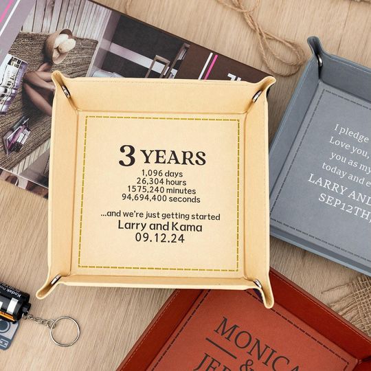 3rd Anniversary Leather Gift, Personalized Leather Tray for Men, Valet Tray Catchall Tray
