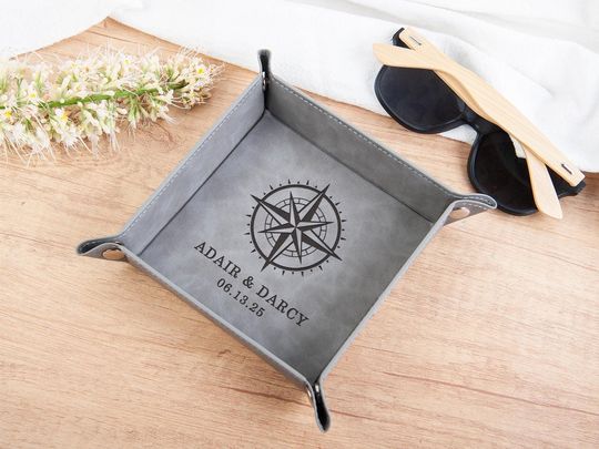 Initial Engraved Valet Tray Gift for Dad, Personalized Leather Catchall for Men