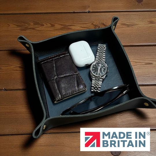 Personalised Leather Valet Tray Handmade in England Custom Initials Catchall Tray