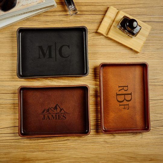 Custom Leather valet tray, Personalized Engraved Leather Tray, Personalized Catchall Tray