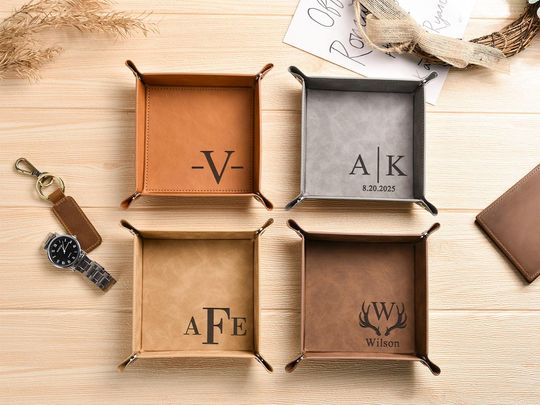 Initial Engraved Valet Tray Gift, Personalized Leather Catchall for Men, 3rd Anniversary