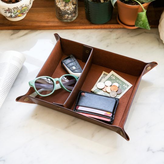 Personalized Hand Crafted Leather Office Desk Organizer, Custom Storage Tray