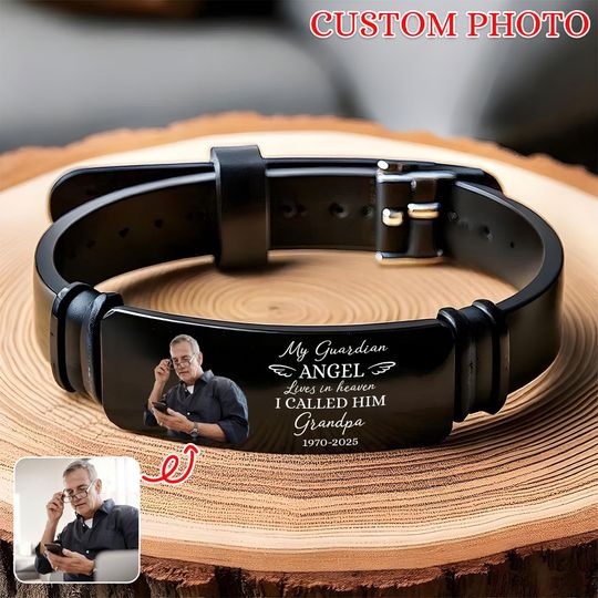 Custom Engraved Memorial Bracelet, My Guardian Angel Bracelet, Custom Photo and Date, Remembrance Jewelry